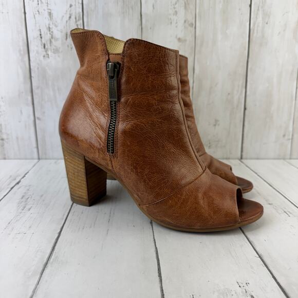 Paul Green Shoes - Paul Green Brown Bellini Peep Toe Bootie Distressed Leather Ankle Boot Size 8